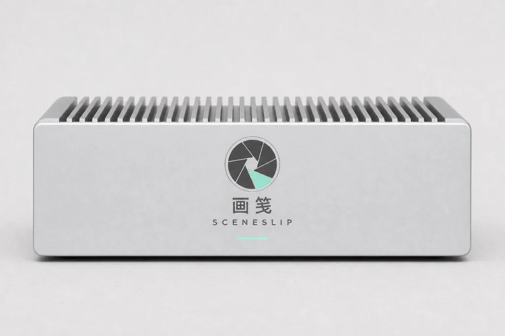 画笺盒子正面：光圈标识、画笺 SCENESLIP、薄荷状态灯