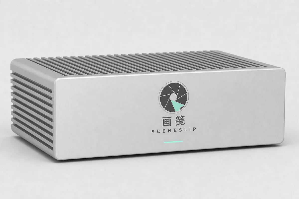画笺银色边缘盒 3/4 视图，顶面与侧面为散热齿